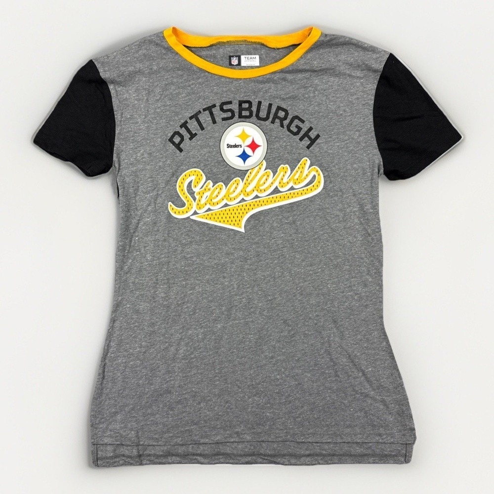 NFL Team Apparel Pittsburgh Steelers Women Gray Black Colorblock Shirt LARGE NWT